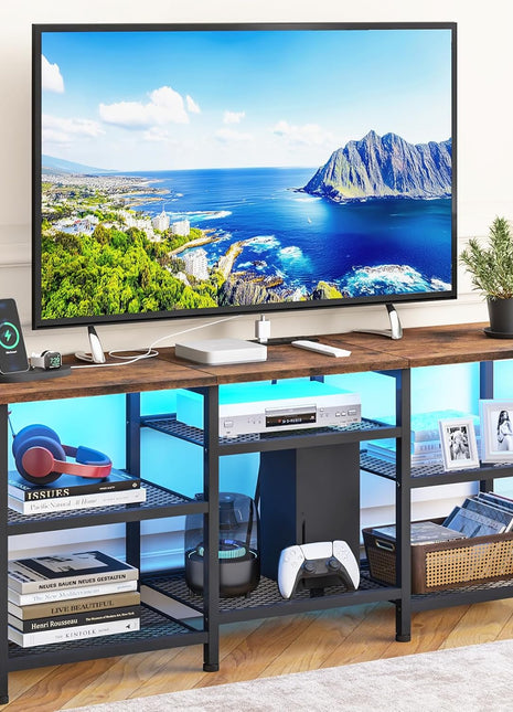 Rustic Brown TV Stand for Living Rooms, Supports TVs up to 55 Inches, Equipped with Power Outlet and LED Lighting, Open Storage Shelves, Perfect for Bedrooms
