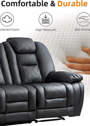 Faux Leather Electric Power Reclining Sofa with USB and Type-C Charging Ports, Plush Three-Seat Design, Overstuffed Armrests and Backrest, Ideal Living Room Furniture in Black