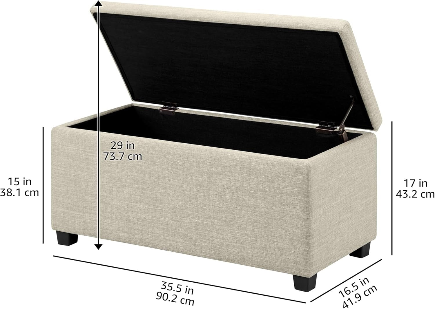 Upholstered Storage Rectangular Ottoman and Entryway Bench, Polyester, Beige, 35.5"W X 16.5"D X 17"H