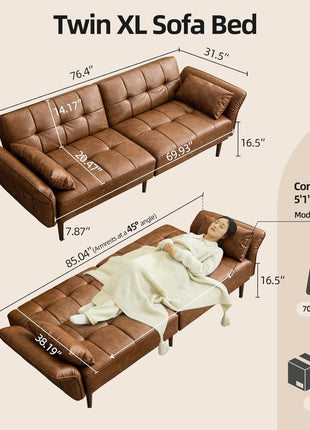 Luxurious 85” Futon Sofa Bed with Storage and Adjustable Armrests - Mid Century Modern Faux Leather Loveseat for Living Room, Bedroom, and Apartment in Elegant Brown Design