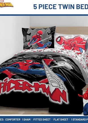 Spiderman Twin Bedding Set - 5 Piece Comforter Set with Sheets and Pillow Covers, Soft and Cozy Black Design for Stylish Kids' Room Decor