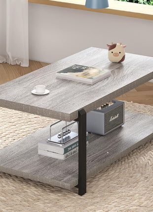 Modern Rustic Coffee Table with Storage Shelf - Industrial 2-Tier Rectangle Design in Light Grey for Living Room