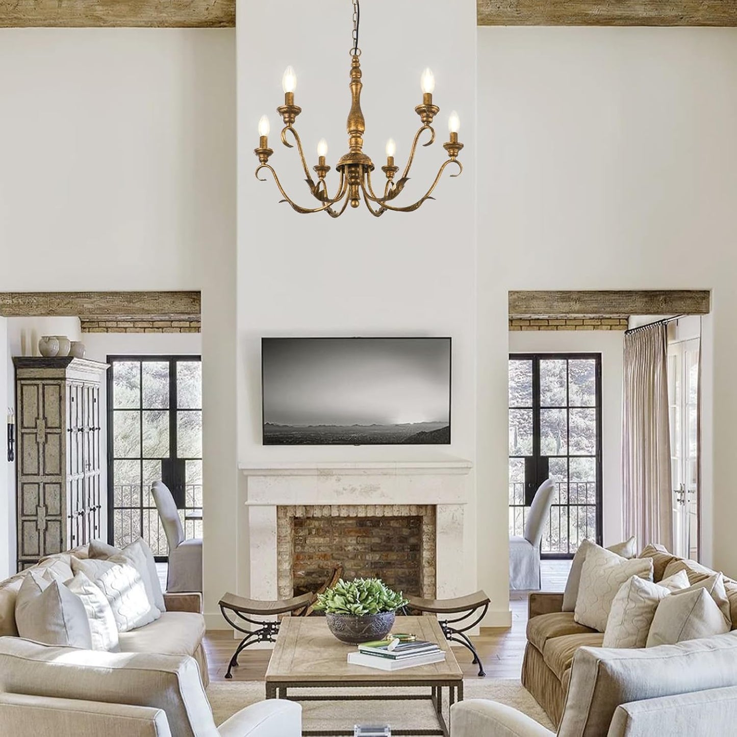 6-Light Farmhouse Chandelier, 23.62'' Vintage Brass Gold Chandeliers for Dining Room, Adjustable Rustic Metal Hanging Pendant Light Fixture for Kitchen Island Entryway Foyer Bedroom Hallway