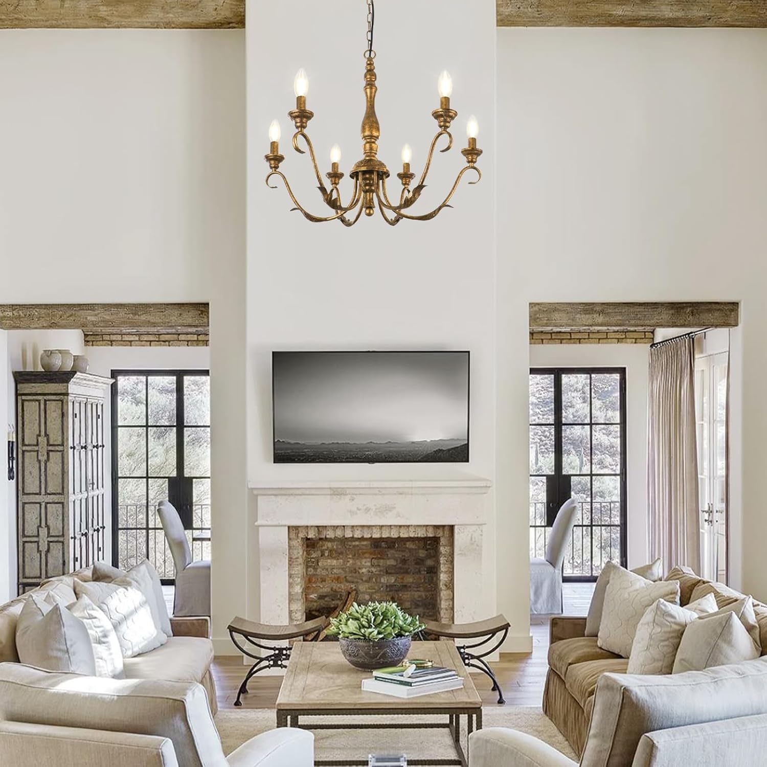 6-Light Farmhouse Chandelier, 23.62'' Vintage Brass Gold Chandeliers for Dining Room, Adjustable Rustic Metal Hanging Pendant Light Fixture for Kitchen Island Entryway Foyer Bedroom Hallway