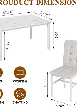 Contemporary Dining Table Set for Four with Faux Marble Surface and Leather Upholstered Chairs, Perfect for Compact Areas, White Finish