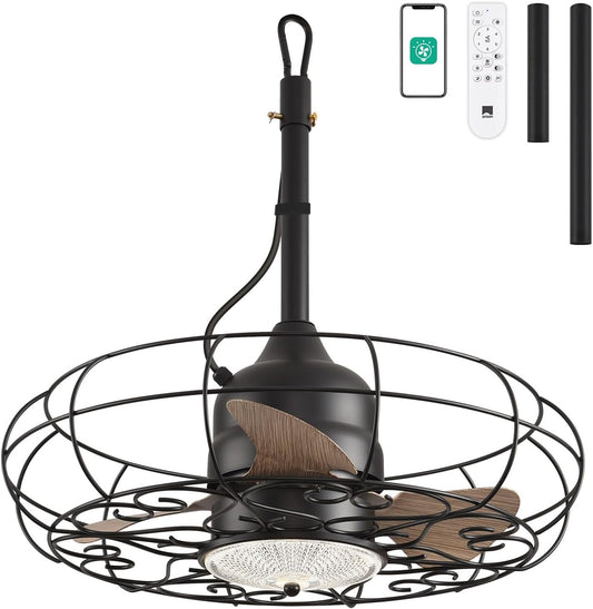 Outdoor Ceiling Fans with Light, 21'' Wet Rated Outdoor Hanging Fan for Gazebo, Plug in Caged Lighting for Pergola Canopy, Hanging with Hook, 3 Color LED Light, Waterproof