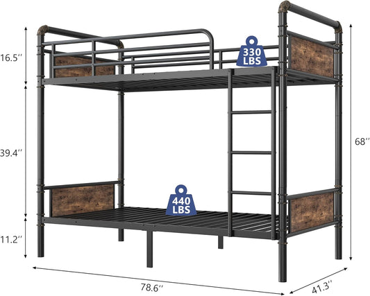 Metal Bunk Bed Twin over Twin, Industrial Bunkbeds Heavy Duty Bed with Safety Guard Rails and Space-Saving Design, Steel Bed for School, Bedroom (Vintage Brown)