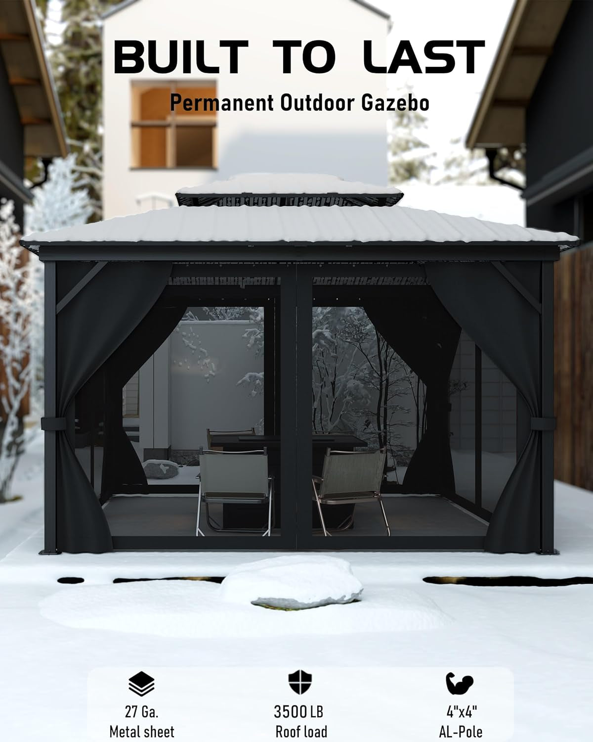 Hardtop Gazebo 12 Ft X14 Ft for All Weather, with Double Metal Roof, Net, and Curtain, Permanent Building for Patio, Deck, Backyard, Lawn, and Garden