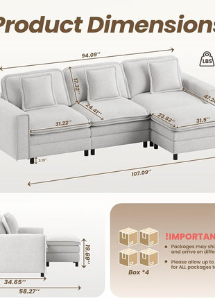 107" Modular Sectional Sofa with Ottoman, Deep 4-Seat L-Shaped Couch, Beige Cloud Couch with Throw Pillows for Living Room