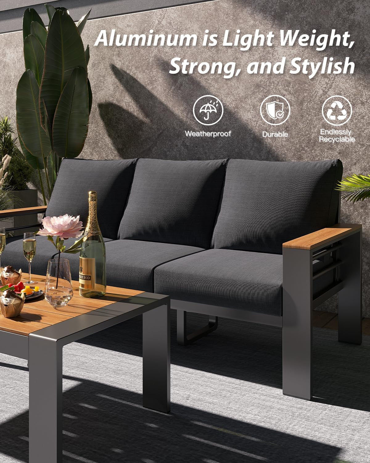 Aluminum Outdoor Patio Furniture Set, 5 Seats Outdoor Sectional with Coffee Table, Patio Conversation Sets with Upgraded Armrests and Cushions for Backyard, Garden and Poolside