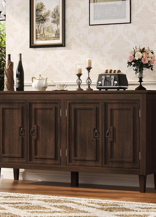 60" Mid-Century Solid Wood Sideboard Cabinet with 4 Doors - Versatile Storage Buffet and Coffee Station for Dining and Living Rooms