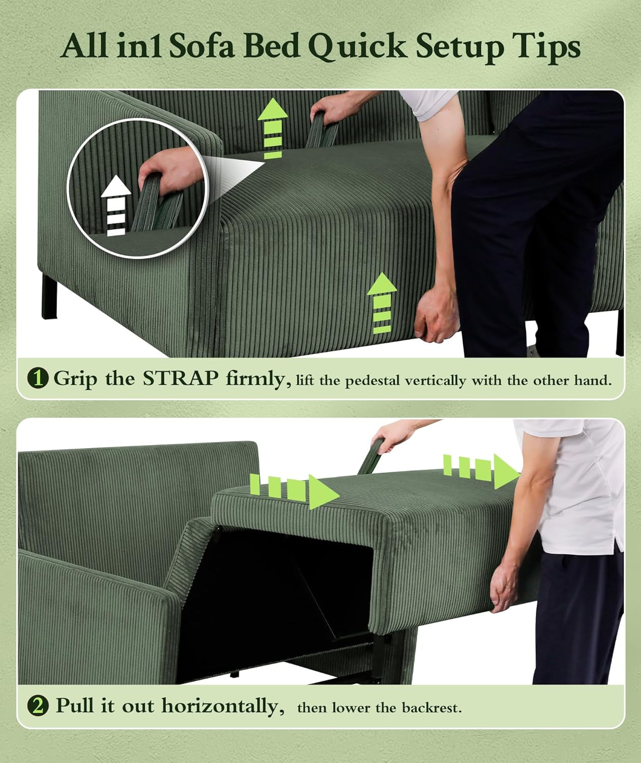 47.2" Convertible Sofa Bed Couch, Comfy Corduroy Couch Bed, All in 1 Loveseat Sleeper Sofa, Love Seat Sleeper Bed with 2 Pillows, Modern Couches for Living Room/Apartment/Home/Office, Green