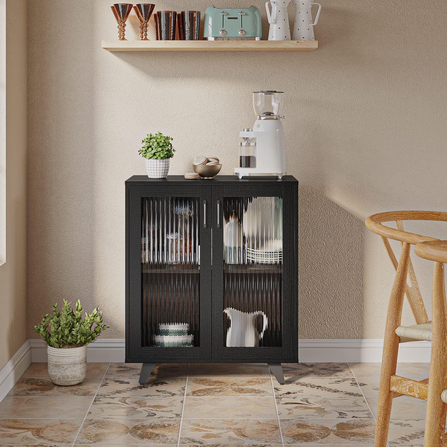 Kitchen Buffet Server Table Accent Sideboard Cupboard Server Buffet Console Table with Doors Cabinet(27Inch, Black)