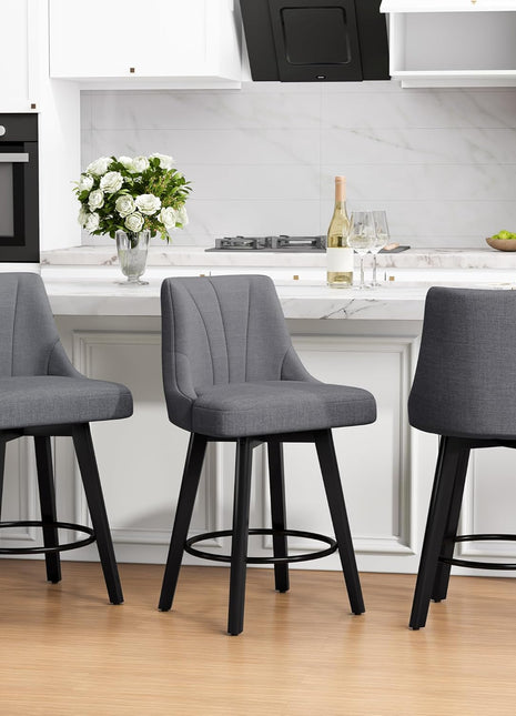 Set of 3 Upholstered 24" Counter Height Swivel Bar Stools with Back and Solid Wood Legs in Dark Gray for Kitchen Island and Dining Room