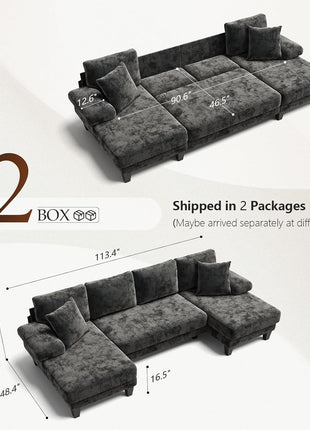 Premium Chenille U-Shaped Sleeper Sofa Bed - 112" Dark Grey for Living Room Comfort