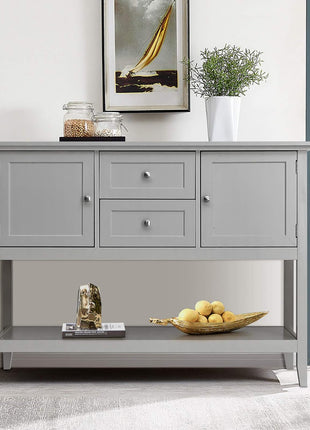 Grey Wood Buffet Sideboard with Storage Shelves, Drawers, and Cabinets for Living, Kitchen, and Dining Areas