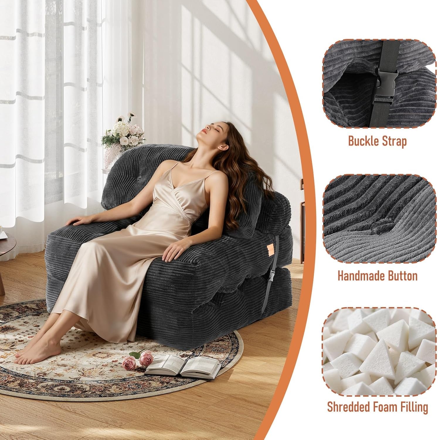 Folding Sofa Bed, Convertible Sleeper Chair with Back Support and Pillow Futon,Boneless Foldable Couch for Living Room/Guest Use/Home Office, Foldable Chair Bed for Adults, Dark Gray