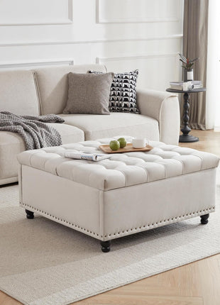 Oversized Tufted Upholstered Square Storage Ottoman Bench with Lift Top and Solid Wood Legs, Ideal Coffee Table for Living Room (Beige)