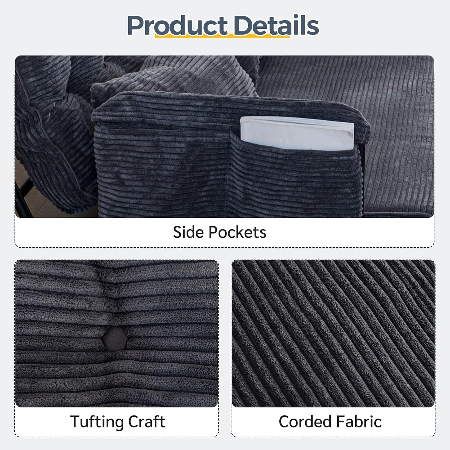 Adjustable Floor Sofa Couch with 2 Pillows, Multi-Functional Bean Bag Bed, 5-Position Foldable Lazy Sofa Sleeper Bed with Armrest, Versatile Floor Seating for Reading, Dark Grey, Double