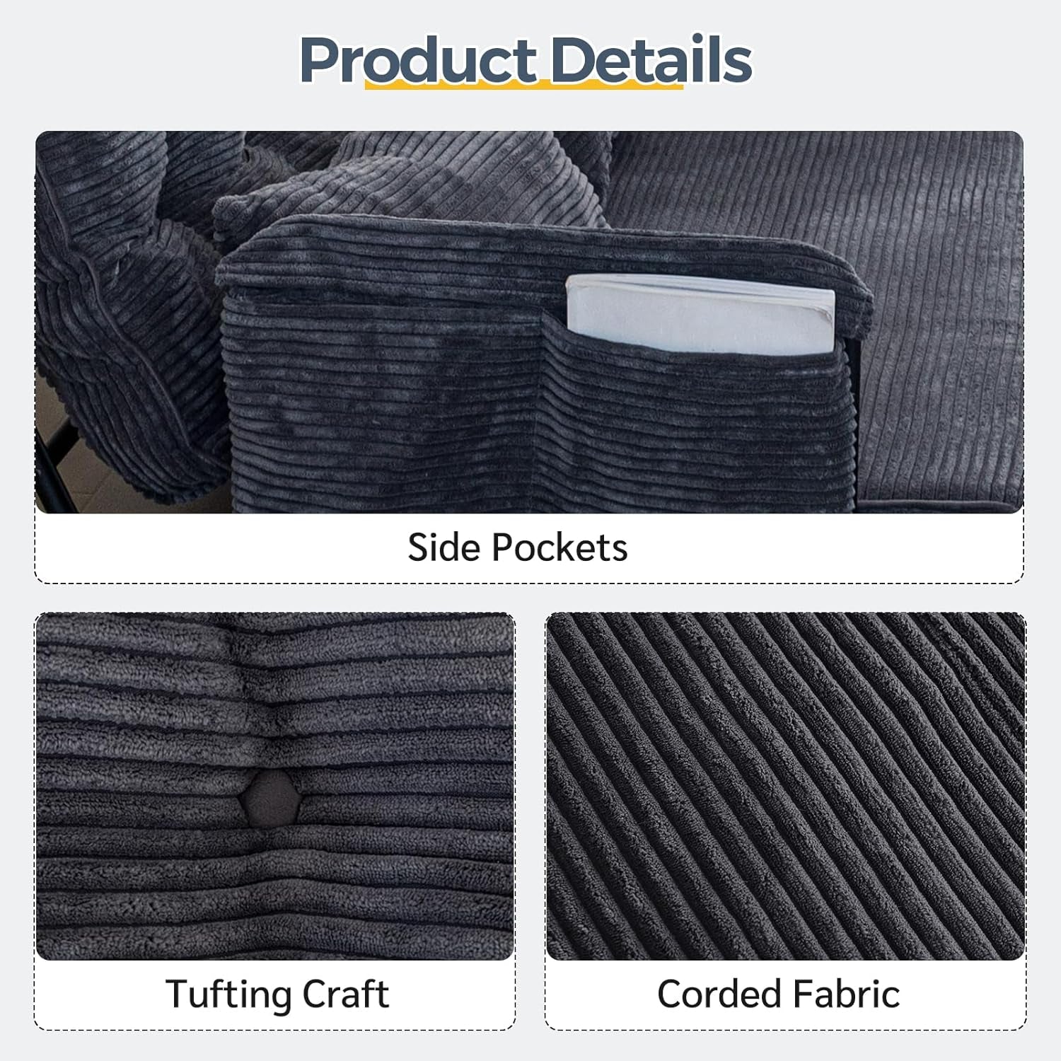 Adjustable Floor Sofa Couch with 2 Pillows, Multi-Functional Bean Bag Bed, 5-Position Foldable Lazy Sofa Sleeper Bed with Armrest, Versatile Floor Seating for Reading, Dark Grey, Double