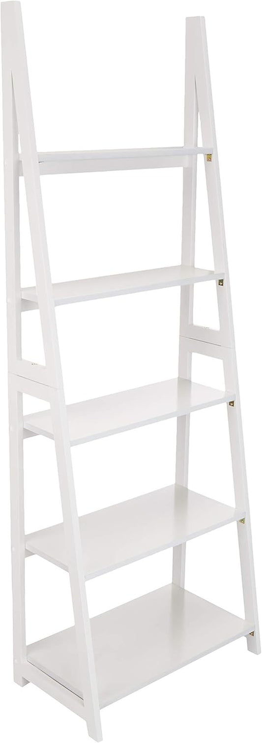 Ladder Bookshelf Organizer, 5-Tier, Solid Rubberwood Frame, White Finish, 14D X 24.8W X 70.1H In