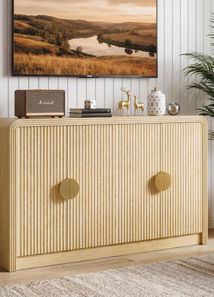 55" Mid-Century Modern Sideboard Buffet Cabinet with Wavy Grain Doors and Adjustable Shelves in Natural Oak for Kitchen, Living Room, Entryway, and Coffee Bar Use