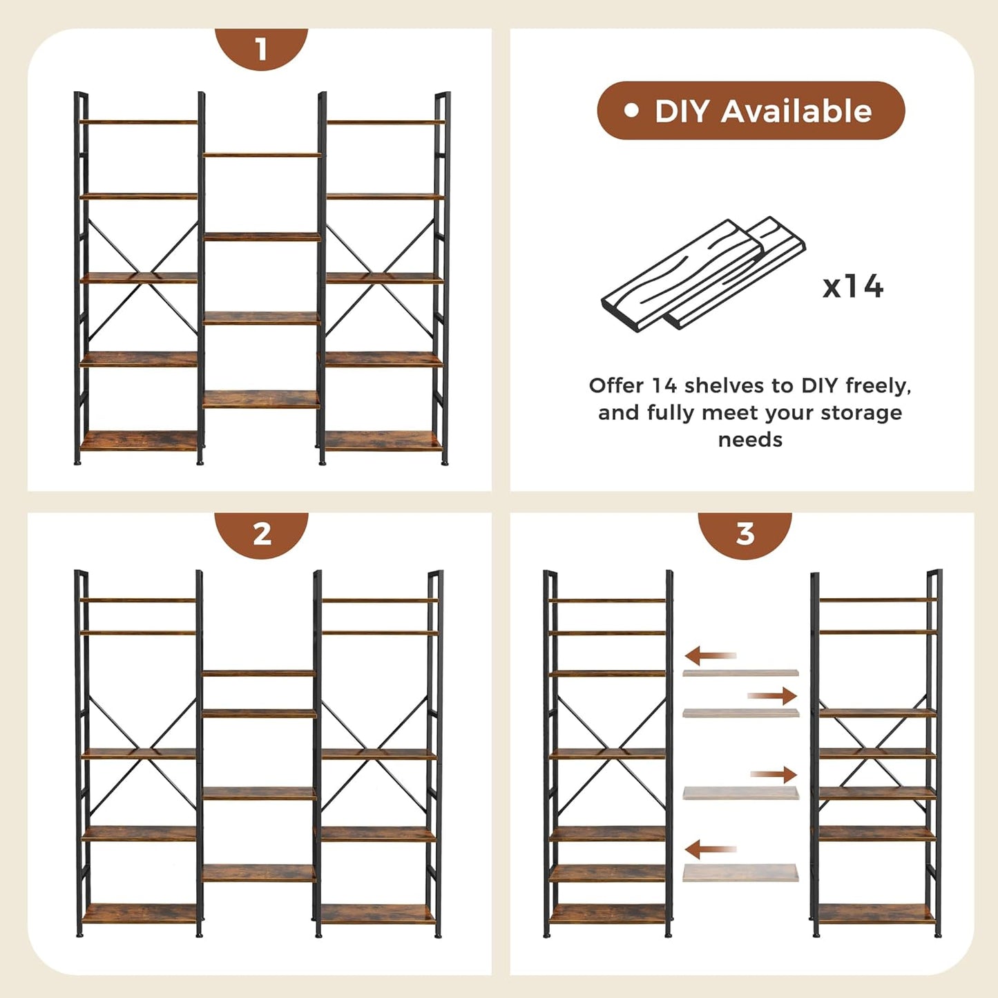 Triple Bookshelf, Bookcase with 11 Open Display Shelves, Wide Book Shelf Book Case for Home & Office, 5 Tier, Rustic Brown
