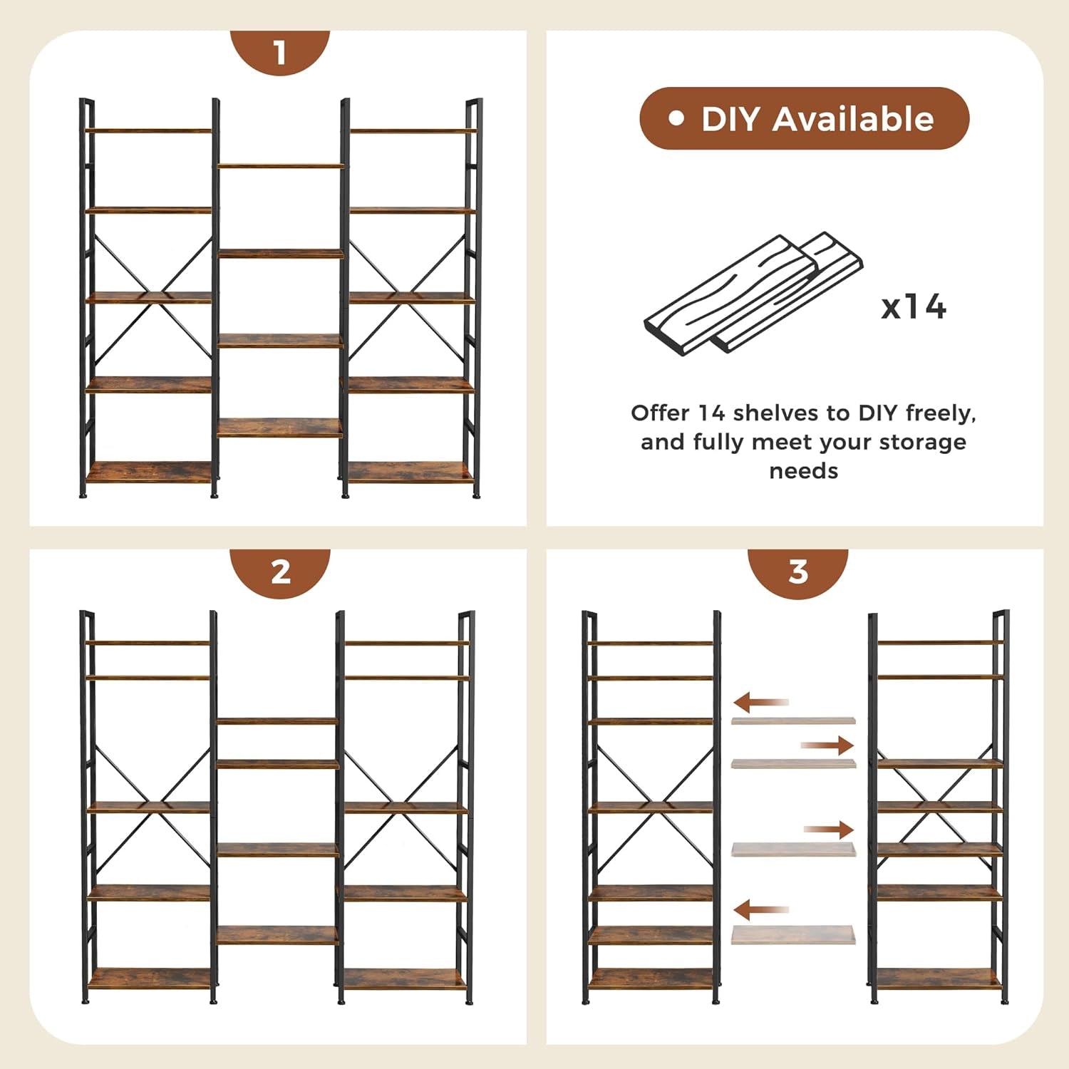 Triple Bookshelf, Bookcase with 11 Open Display Shelves, Wide Book Shelf Book Case for Home & Office, 5 Tier, Rustic Brown