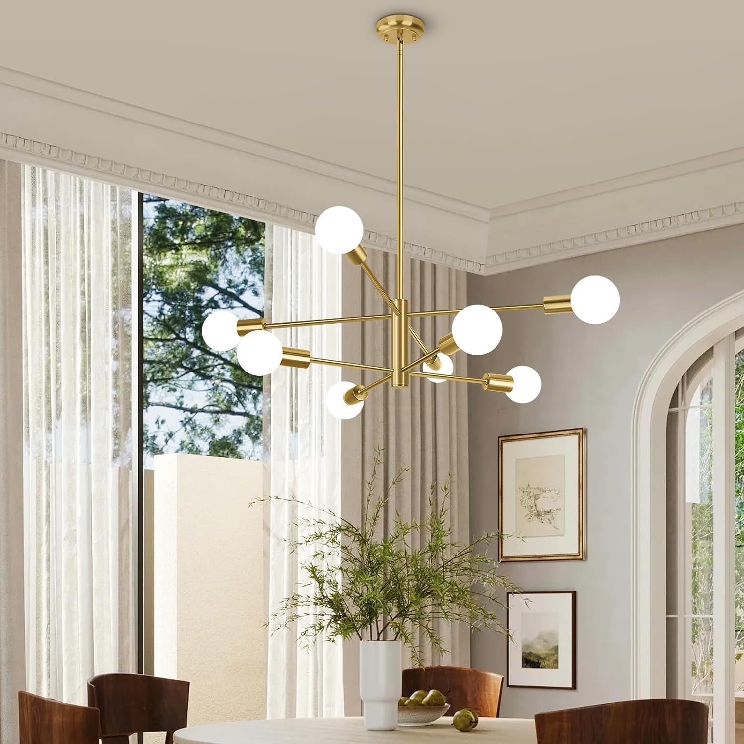 8-Light Modern Sputnik Chandelier, Mid Century Gold Chandeliers Lighting, Farmhouse Ceiling Hanging Light Fixture for Dining Room Bedroom Living Room Kitchen Foyer, Height Adjustable