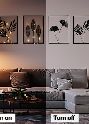 Framed Black Metal Wall Art - Set of 4 3D Modern Minimalist Abstract Decor with Lighting for Living Room, Bedroom, and Bathroom