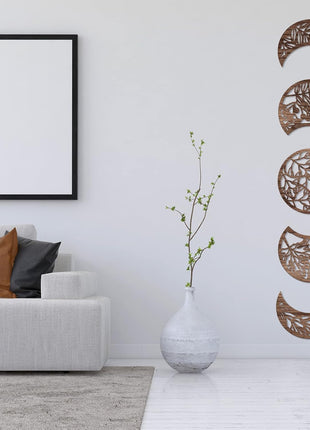 Moon Phase Wooden Wall Art Set of 5 - Nordic Boho Aesthetic Decor for Bedroom, Living Room, and Dorm (Brown, 10.6 Inch, Botanical)