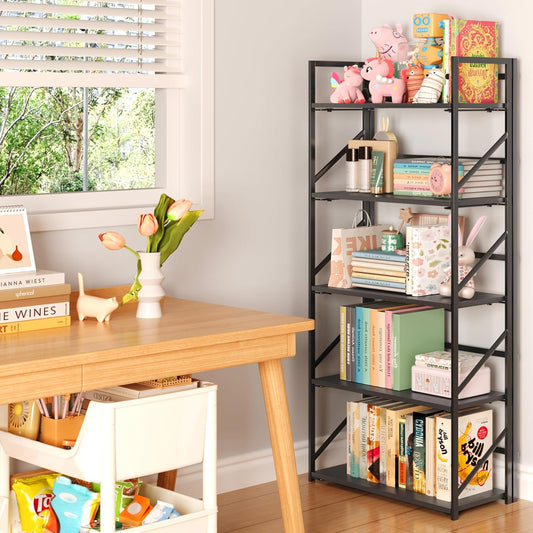 No Assembly Folding Bookshelf, 5 Tier Industrial Metal Book Shelf for Storage, Vintage Wood Foldable Bookcase for Living Room, Bedroom, Office Organization Shelves