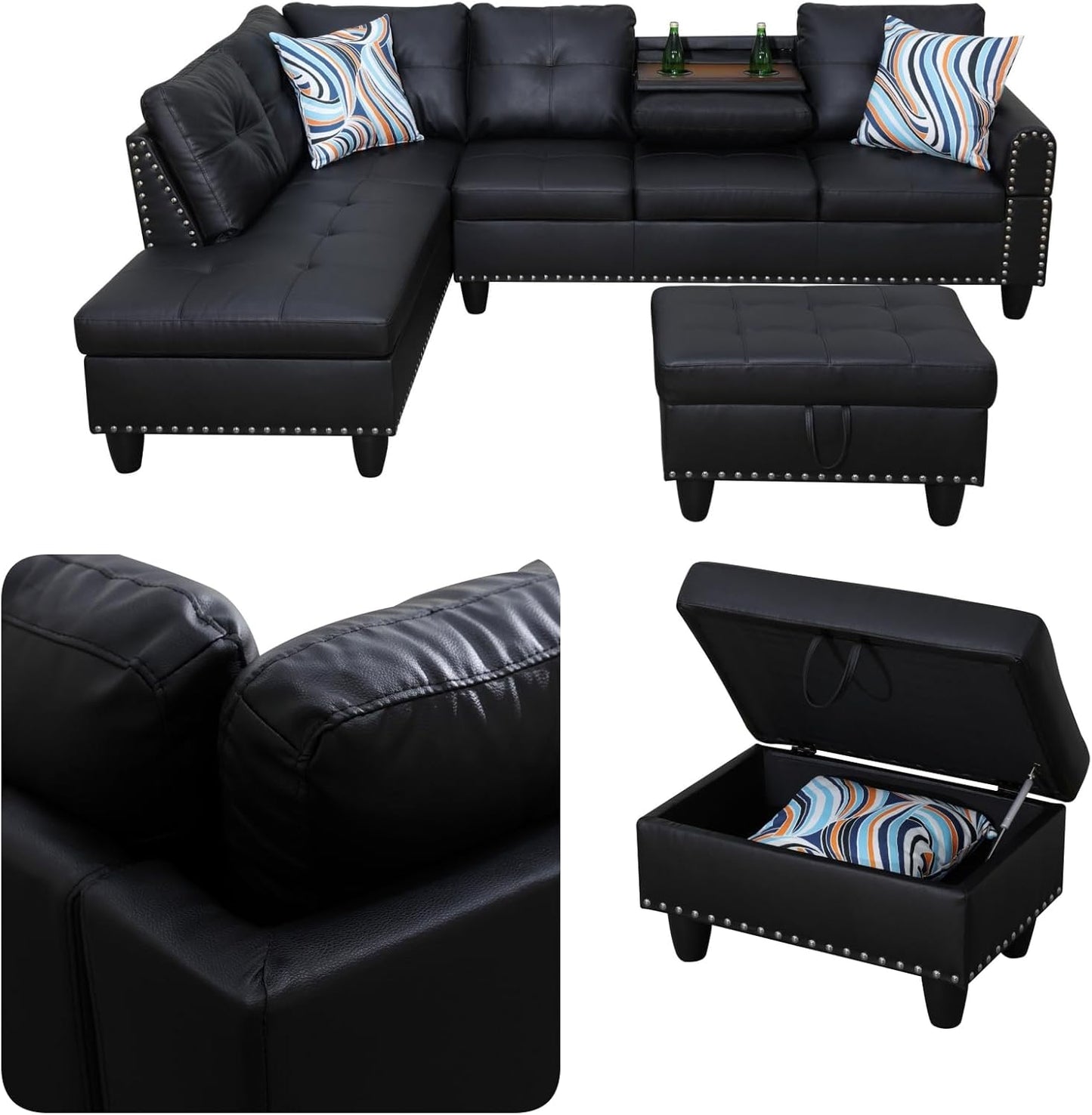 97.5" L Shaped Couch Set, Modular Sectional Couches for Living Room with Storage Ottoman, 4 Seat Home Sofa Living Room Furniture Sets with Chaise for Apartment Office (Leather, Black)