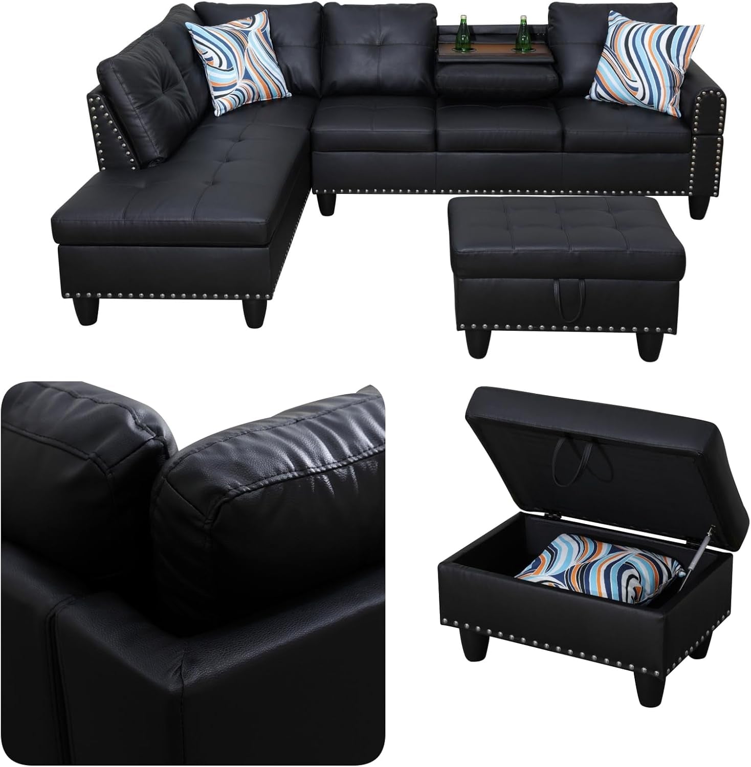 97.5" L Shaped Couch Set, Modular Sectional Couches for Living Room with Storage Ottoman, 4 Seat Home Sofa Living Room Furniture Sets with Chaise for Apartment Office (Leather, Black)