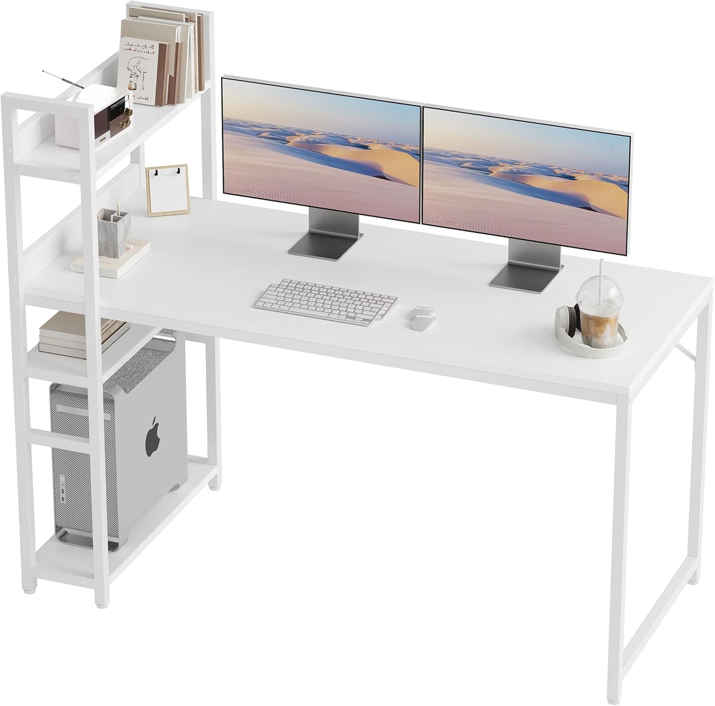 Computer Desk 47 Inch with Storage Shelves Study Writing Table for Home Office,Modern Simple Style, Elegant White