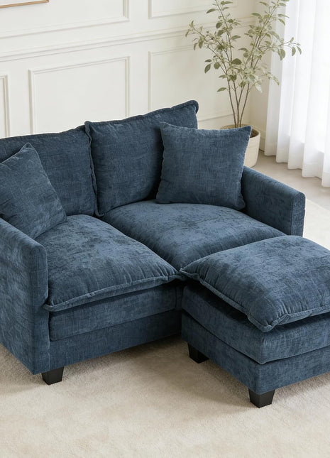 Modern L-Shape Loveseat Sofa with Ottoman, 50'' Cloud Couch for Small Spaces in Apartment, Office, Living Room, and Bedroom - Model 8834-BLUE-L