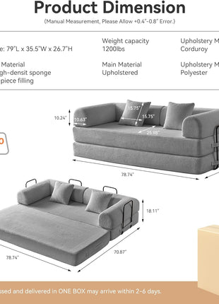Convertible Sleeper Sofa Bed with Pillow - Corduroy Fabric, High-Density Sponge, Fixed-Shape Frame, Modular Design for Living Room, Lounge, Studio (Light Grey)