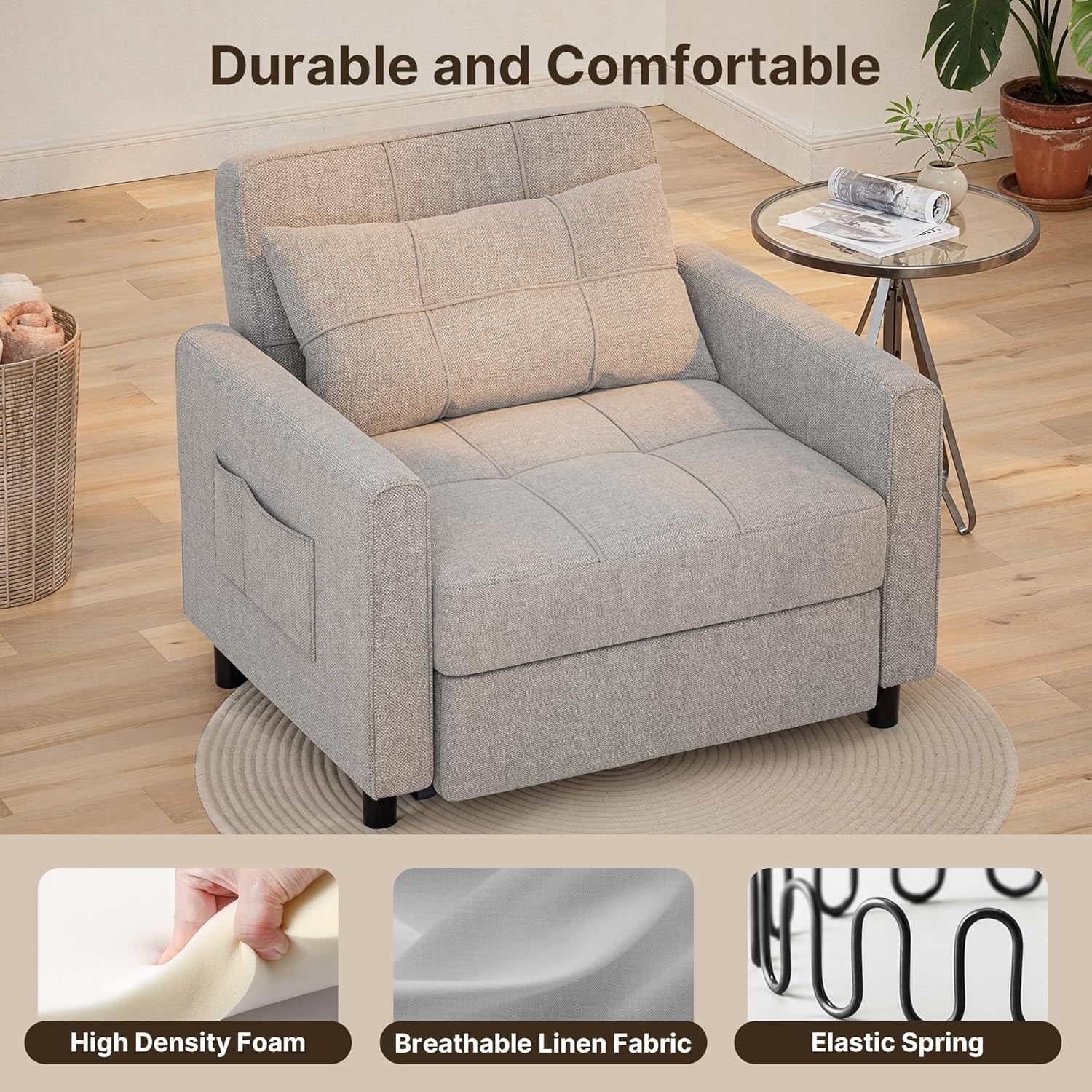 Sofa Bed Chair 3 in 1 Convertible, Pullout Single Sleeper Chair Bed with Adjustable Backrest, Spacious Multifunctional Sofa Couches for Living Room, Bedroom, Apartment