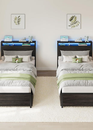 Twin XL Bed Frame with DIY Storage Drawer Configuration, Headboard Featuring 2-Tier Shelves, Charging Station, and LED Lighting, Ideal for Teen Rooms, Small Apartments, and Bedrooms, Black