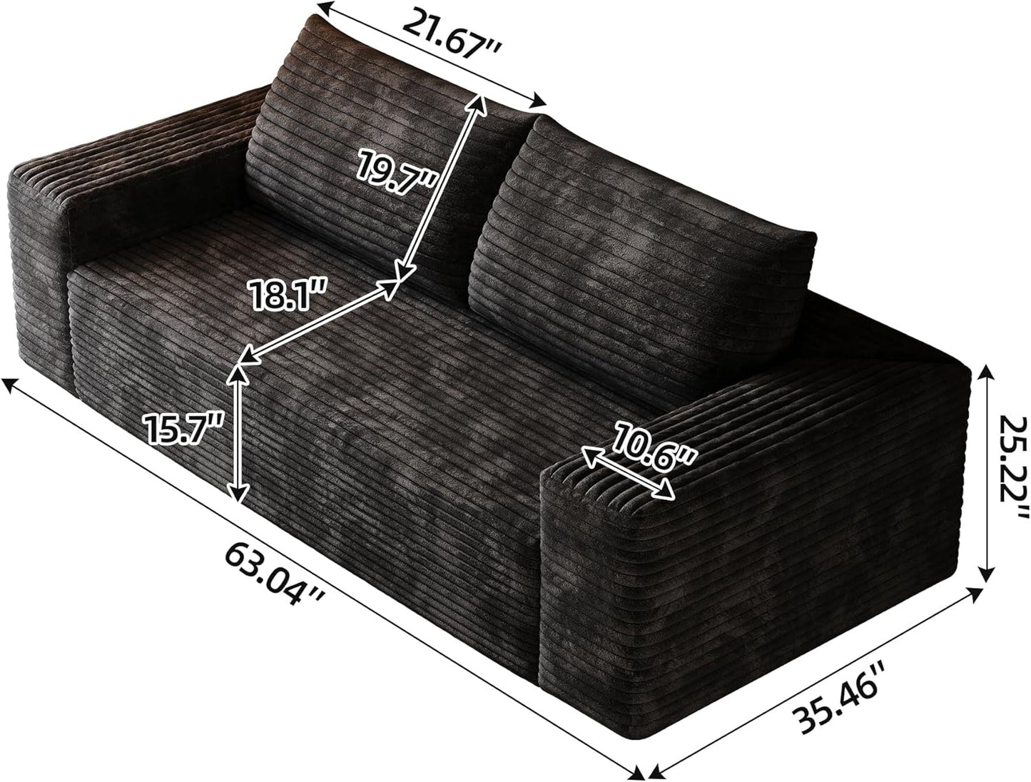 63" Cloud Loveseat Boneless Sofa Couch in a Box, No Assembly Required 2 Seater Foam Compression Couches, Modern Living Room Floor Sofa Couch Corduroy Small Love Seat