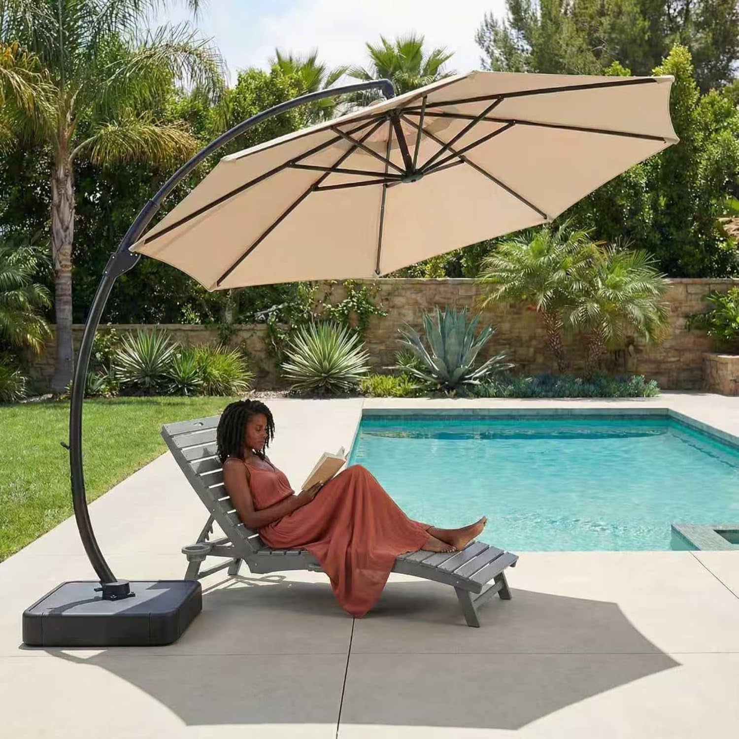 11Ft Offset Cantilever Patio Umbrella with Base Included, Large round Aluminum Outdoor Umbrella, 360° Rotation & Infinite Tilt, Heavy Duty Frame for Deck Pool Backyard, Beige