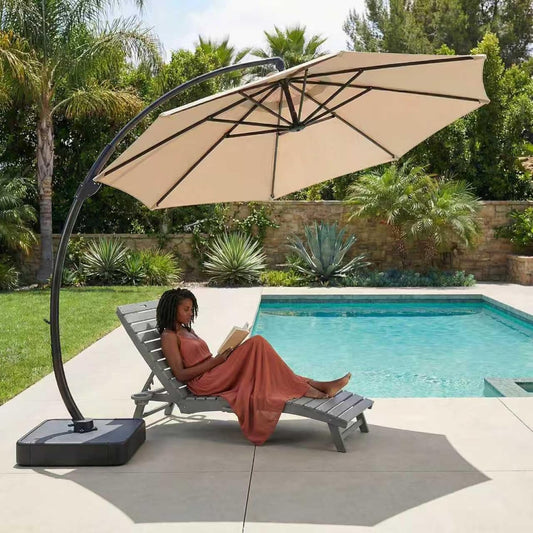 11Ft Offset Cantilever Patio Umbrella with Base Included, Large round Aluminum Outdoor Umbrella, 360° Rotation & Infinite Tilt, Heavy Duty Frame for Deck Pool Backyard, Beige