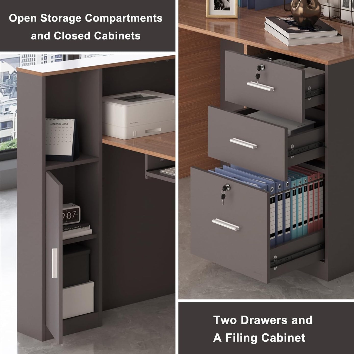 L-Shaped Reception Desk with Lockable Drawers, Adjustable File Cabinet & Keyboard Tray, Modern Front Counter for Office, Salon, or Lobby (Right-L Walnut/Slate Gray, 70.9''L X 23.6''W X 41.3''H)