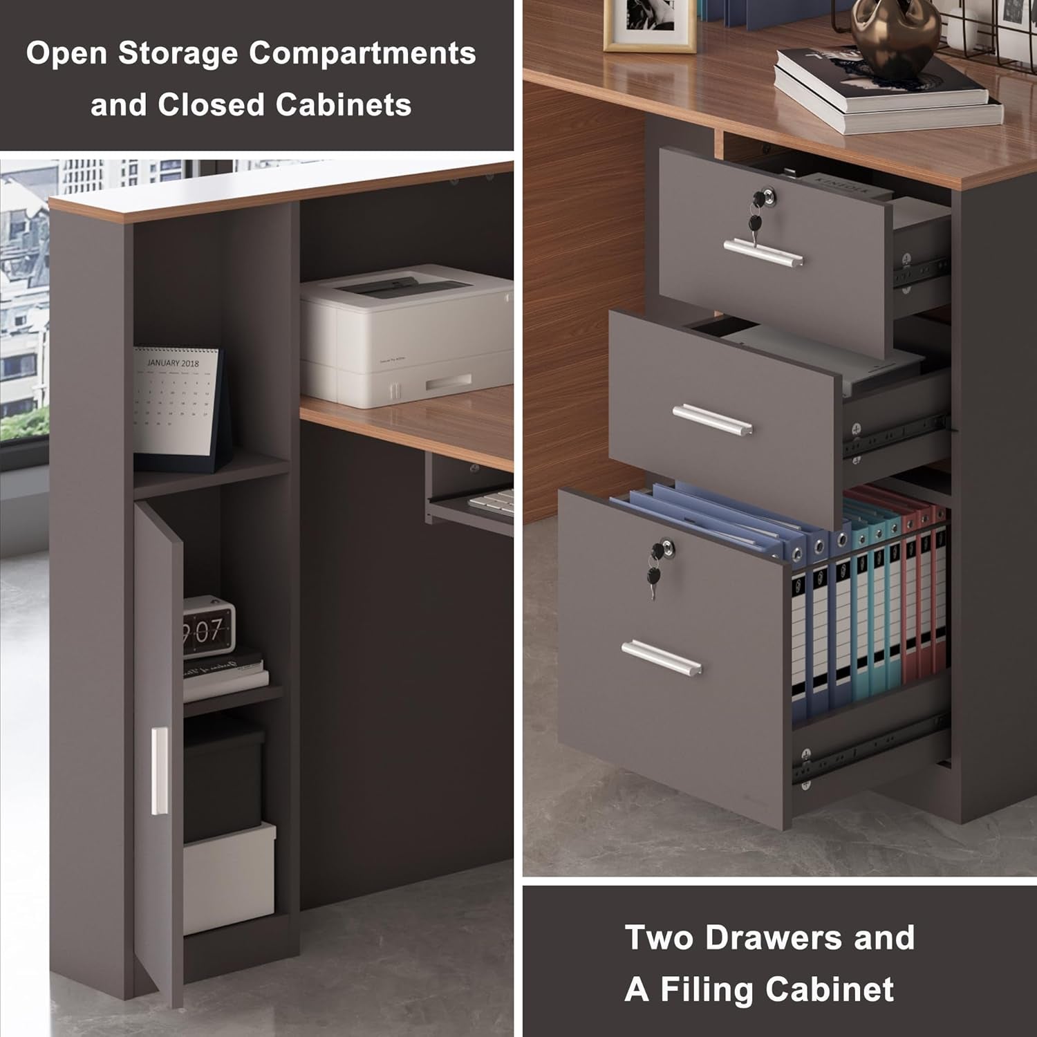L-Shaped Reception Desk with Lockable Drawers, Adjustable File Cabinet & Keyboard Tray, Modern Front Counter for Office, Salon, or Lobby (Right-L Walnut/Slate Gray, 70.9''L X 23.6''W X 41.3''H)