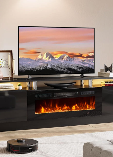 70-Inch Contemporary TV Stand and Entertainment Center for Living Room, Supports TVs up to 80 Inches, Features Storage Cabinet with Shelves, Includes 36-Inch Electric Fireplace with LED Flame (All Black)