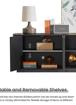 64-Inch Wooden Fluted Sideboard Buffet Cabinet with Adjustable Shelves for Kitchen and Living Room (Black)