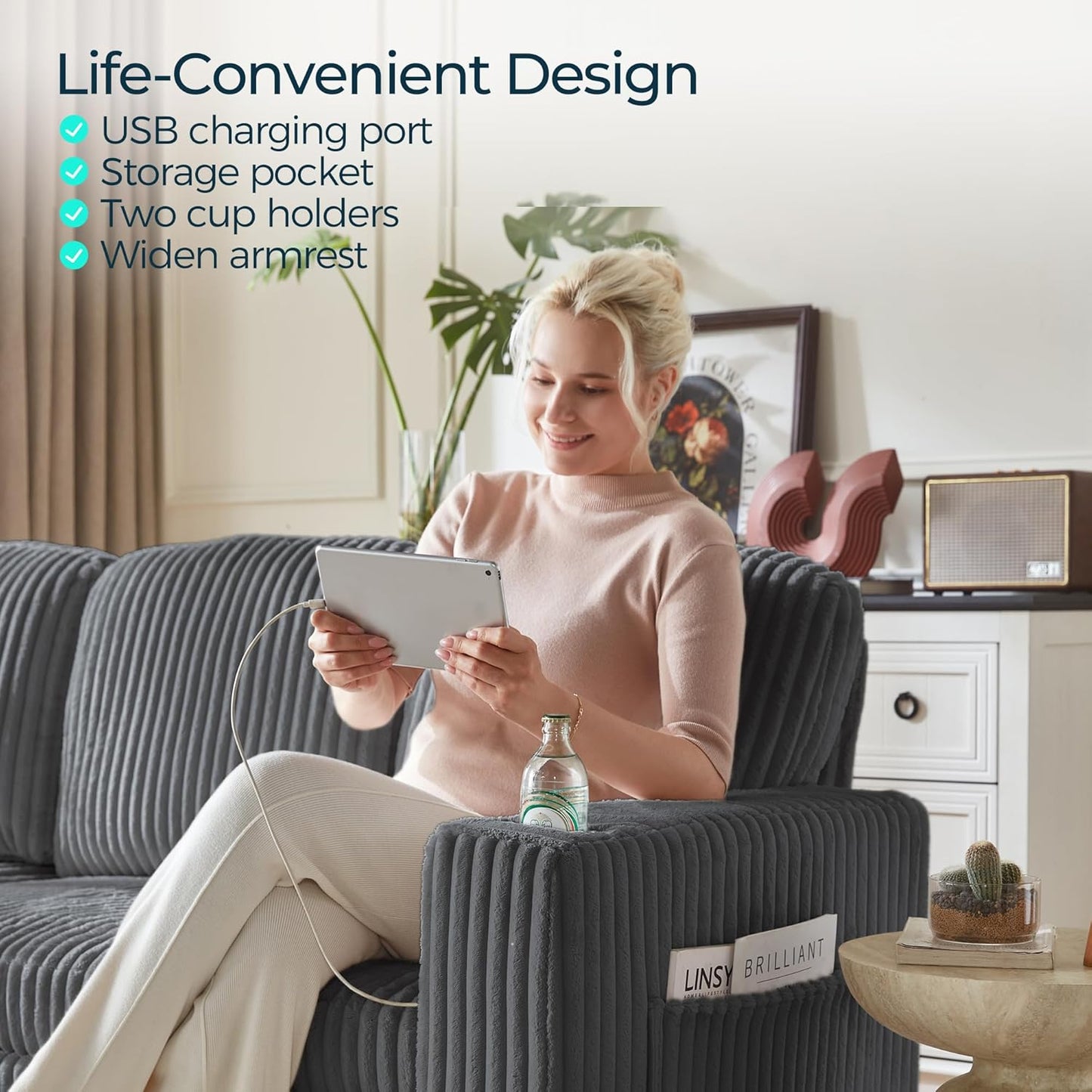 Sectional Sleeper Sofa with Pull Out Couch Bed Convertible Plush Corduroy Cloud Couch with Storage Chaise & USB Charging, Comfy L Shaped Modular Couches for Living Room Apartment (Grey)