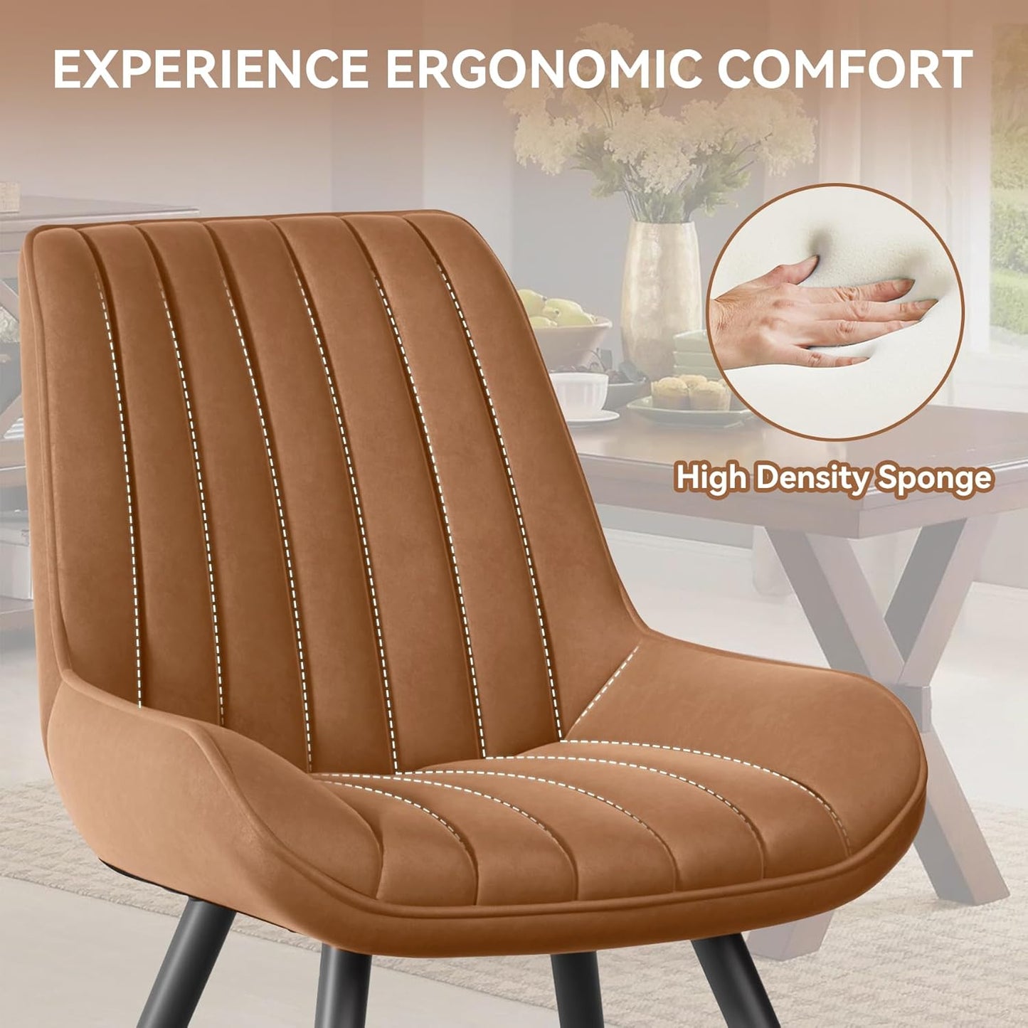 Modern Dining Chairs Set of 6,Upholstered Dining Room Chairs with Thick Cushions,Fabric Comfy Dining Chairs with Metal Legs for Dining Room Brown