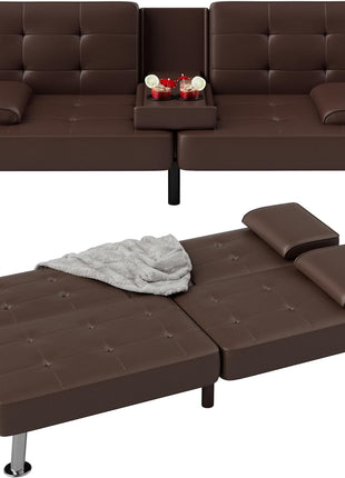 Modern Convertible Futon Sofa Bed with Recliner Lounge and Removable Armrests, Black PU Leather, Featuring Dual Cup Holders