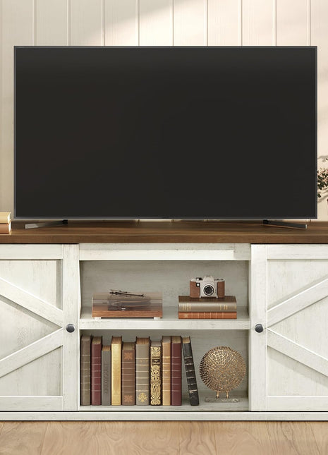 Rustic Farmhouse TV Stand for Up to 65-Inch TVs, Entertainment Center with Storage Cabinets and Sliding Barn Doors, Media Console in White and Honey Brown